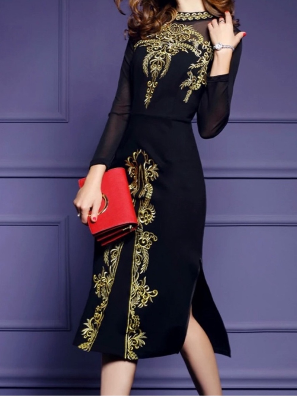 Vicky and Lucas Black Illusion Long Sleeve Sheath Dress Embroidered Gold Large